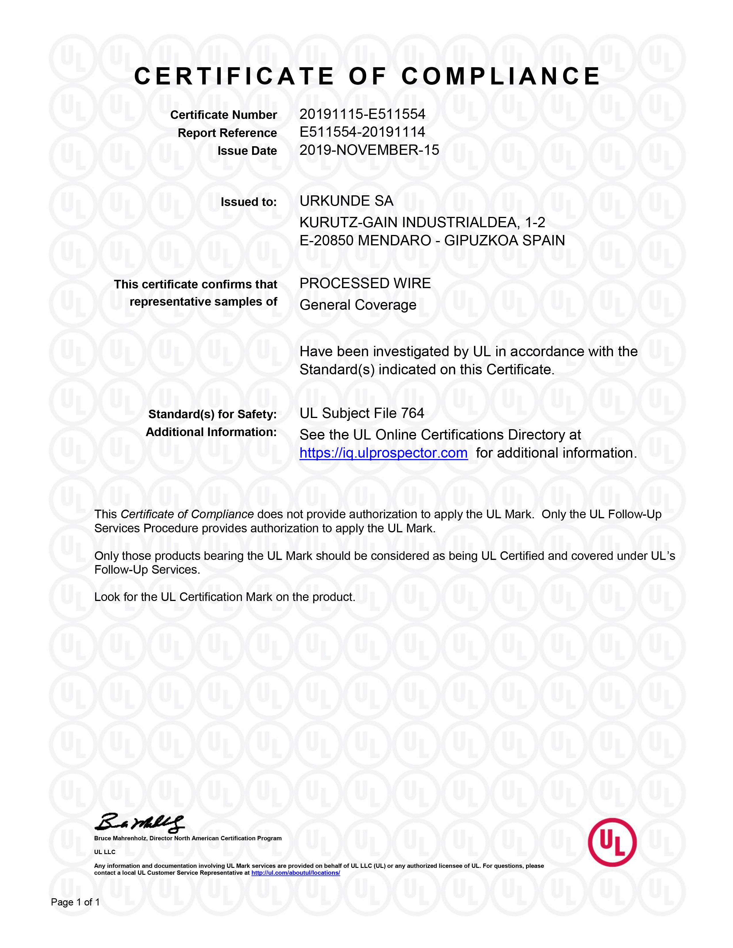 Certificate of Compliance Processed Wire