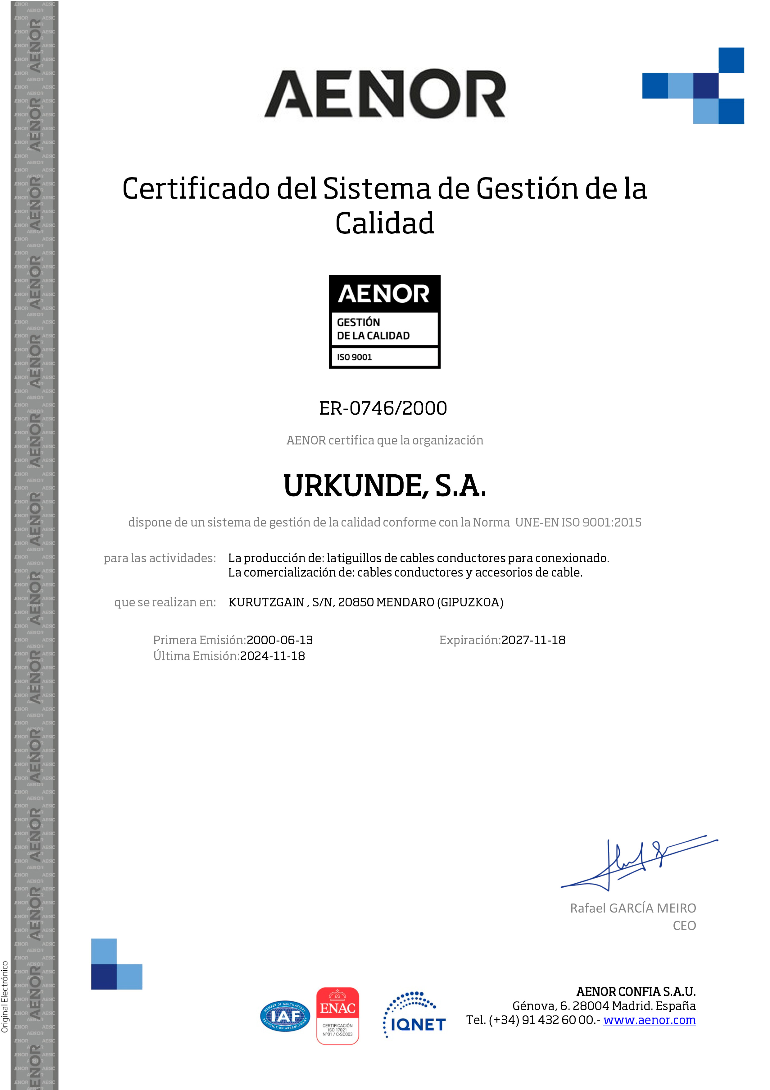 Certificado UNE-EN ISO 9001:2015