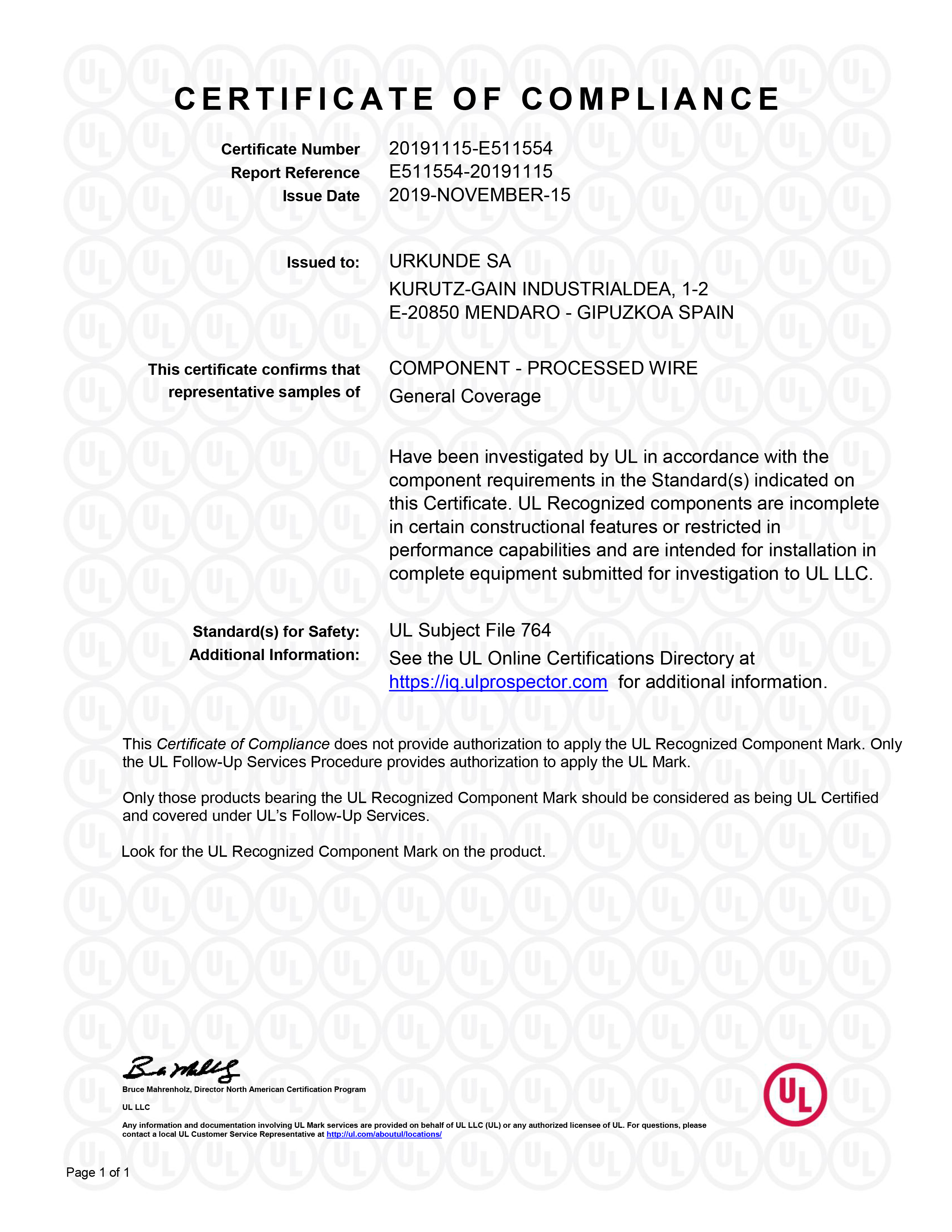 Certificado UL Processed Wire Listed
